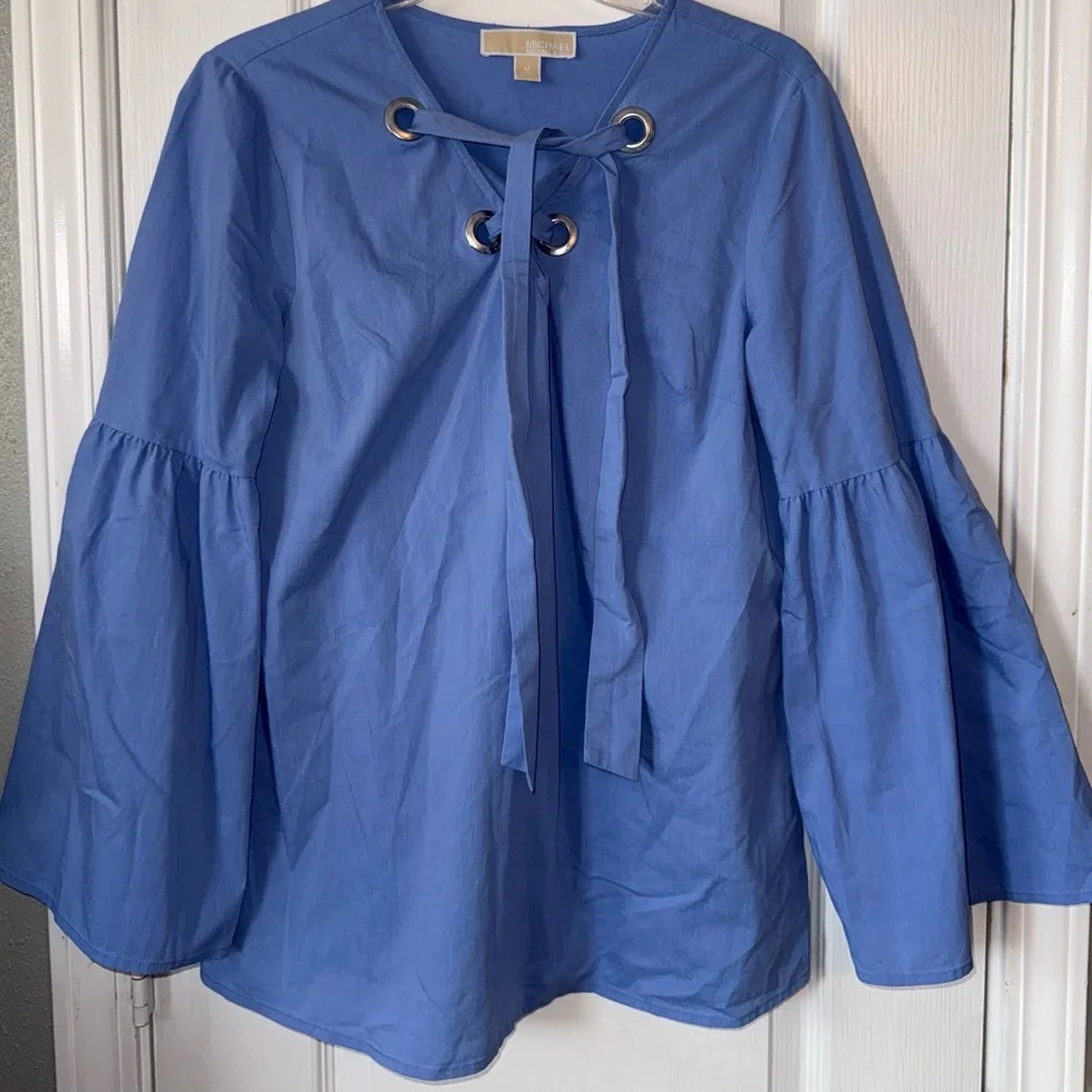 Michael Kors Blue Lace Up Neck Bell Sleeve Blouse Flowy Top NWOT Size M